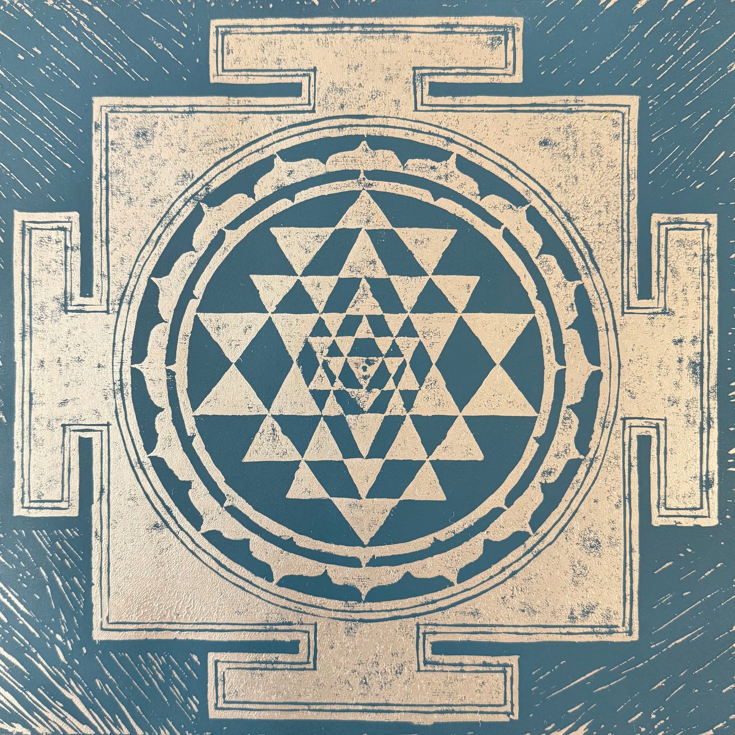 12” Sri Yantra Block Print – Silver & Gray-Blue with Sanskrit Mantra