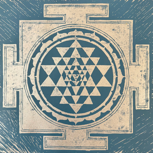 12” Sri Yantra Block Print – Silver & Gray-Blue with Sanskrit Mantra