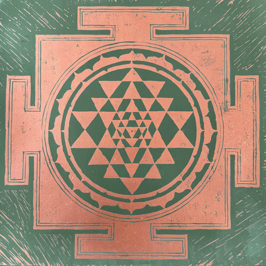 12” Sri Yantra Block Print – Olive Green & Copper with Sanskrit Mantra