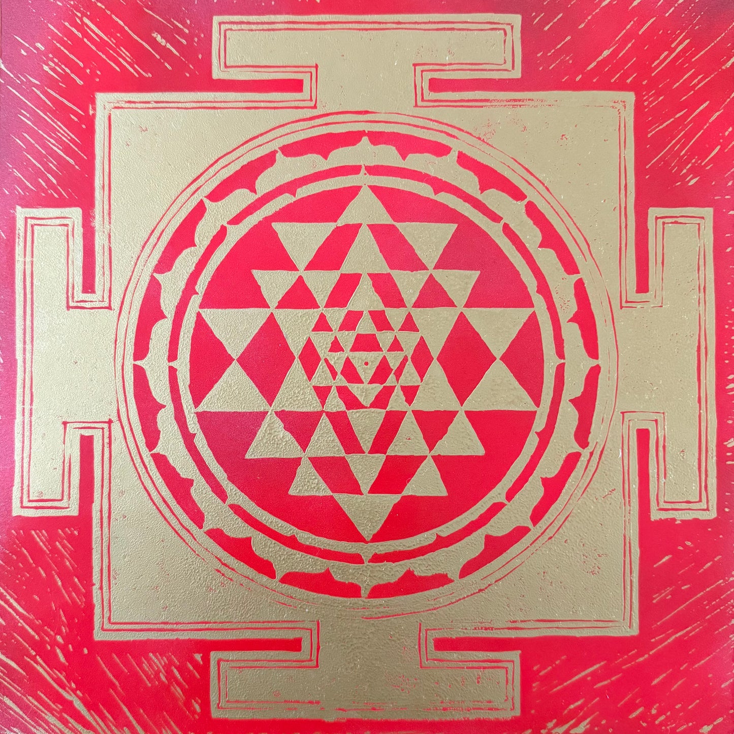 12” Sri Yantra Block Print – Gold & Red with Sanskrit Mantra
