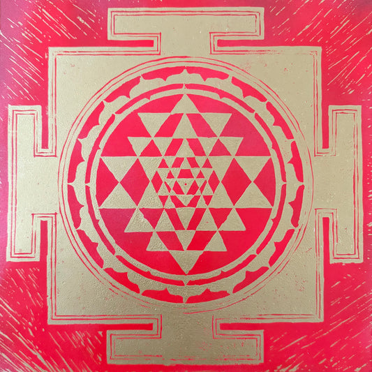 12” Sri Yantra Block Print – Gold & Red with Sanskrit Mantra