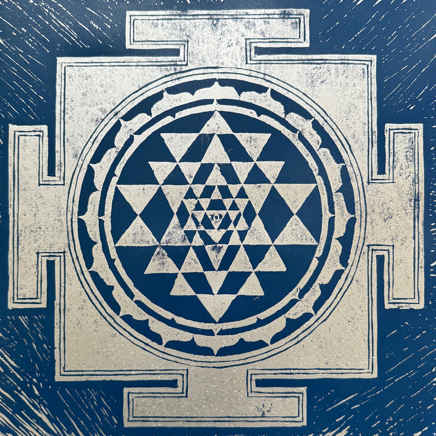 12” Sri Yantra Block Print – Deep Blue & Silver with Lakshmi Mantra